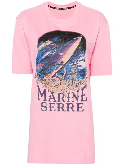 Marine Serre Illustration-print Organic Cotton T-shirt In Pink