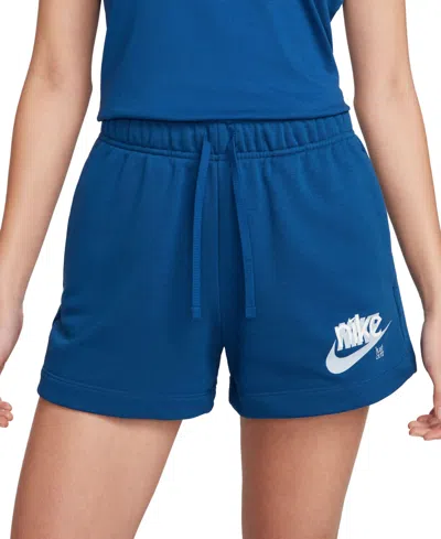 Nike Women's Sportswear Club French Terry Graphic Fleece Shorts In Court Blue,lt Armory Blue,white