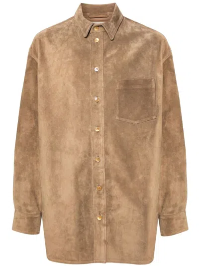 Marni Button-up Suede Overshirt In Neutrals