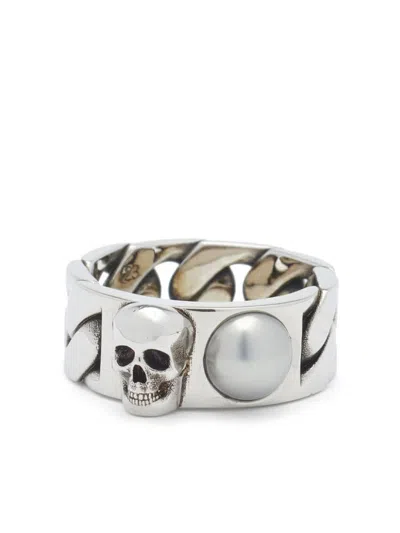 Alexander Mcqueen Pearl And Skull Chain Ring In Antique Silver