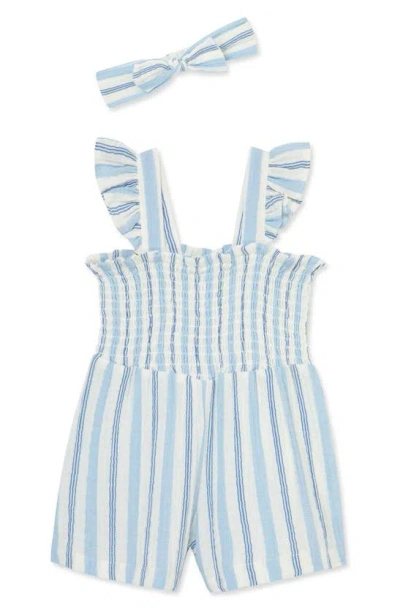 Little Me Babies' Stripe Smocked Cotton Gauze Romper & Head Wrap Set In Blue