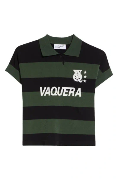 Vaquera Logo Print Stripe Crop Polo In Black/ Green