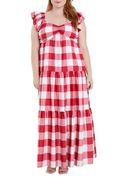 English Factory Gingham Tiered Maxi Dress In Red/ White