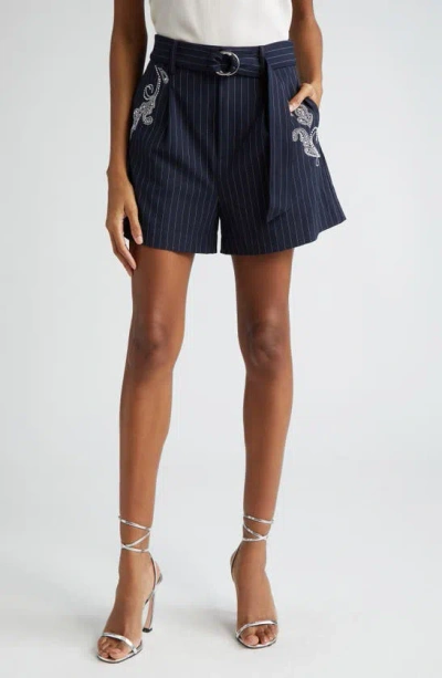 Cinq À Sept Rebecca Embroidered Belted Suiting Shorts In Navy/ivory