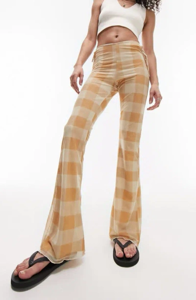 Topshop Mesh Flared Pants With Tie Side Details In Beige Check-neutral