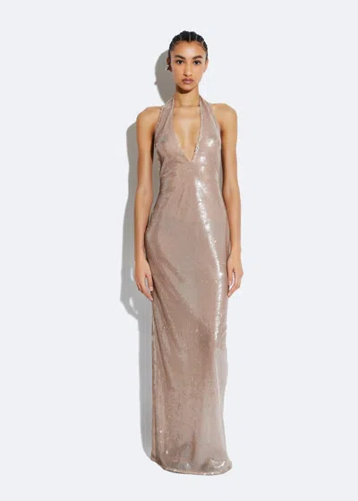 Lapointe Sheer Sequin Deep V Neck Gown In Smoke