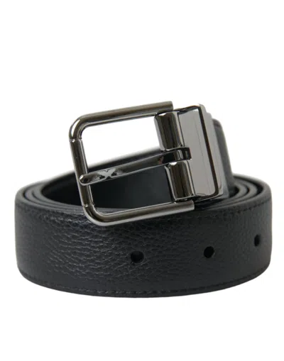 Dolce & Gabbana Black Leather Reversible Silver Buckle Belt