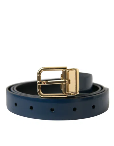 Dolce & Gabbana Blue Calf Leather Gold Metal Buckle Belt