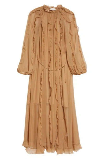 Zimmermann Tranquility Belted Ruffled Silk-chiffon Midi Dress In Brown