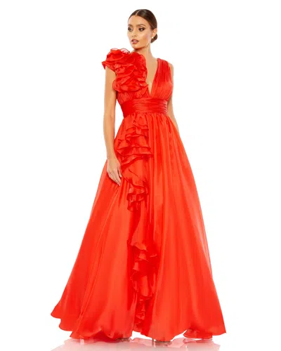 Mac Duggal Ruffle Shoulder V-neck Chiffon Gown In Coral