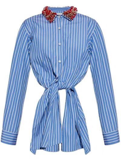 Dries Van Noten Knotted Embellished Striped Cotton-poplin Shirt In Blue