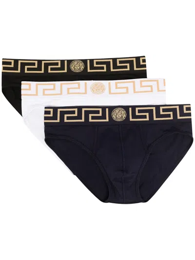 Versace Set Of Three Medusa Briefs With Greca Motif In Multicolour