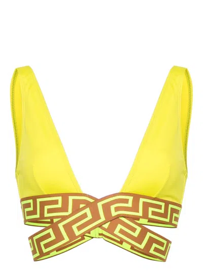 Versace Greca Border Triangle-cup Bikini Top In Yellow & Orange