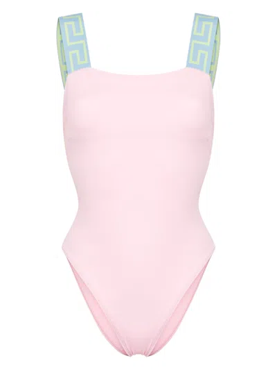 Versace Contrast Straps One Piece Swimsuit In Pink & Purple
