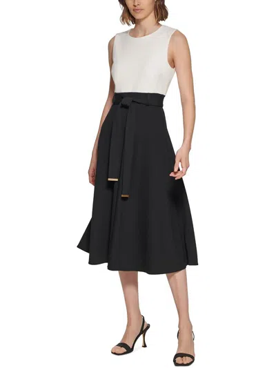 Calvin Klein Womens Belted Midi Fit & Flare Dress In Beige