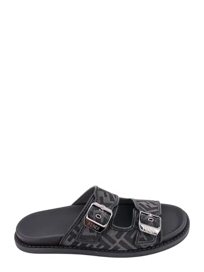 Fendi Ff Fabric And Leather Sandals In Black