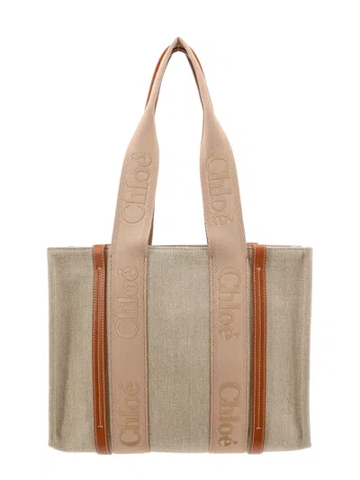 Chloé Linen And Leather Shoulder Bag With Embroidered Logo In Neutrals