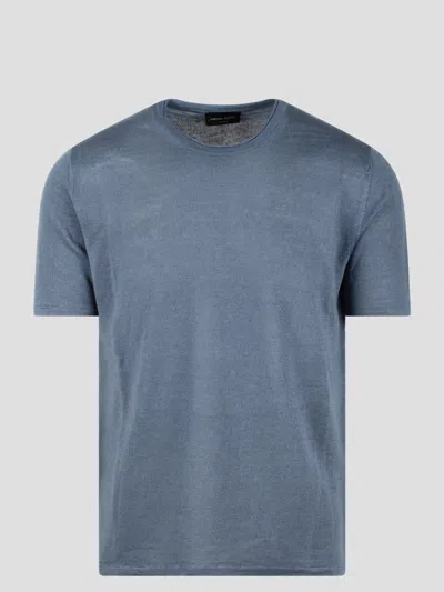 Roberto Collina Linen Knit Short Sleeve T-shirt In Blue