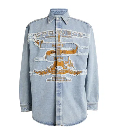 Y/project Distressed Denim Shirt Featuring Graphic Print In Blue