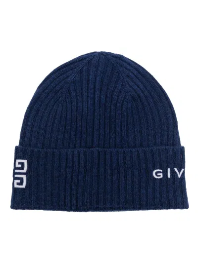 Givenchy 4g Logo-embroidered Ribbed-knit Beanie In Blue