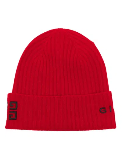 Givenchy 4g-embroidered Ribbed-knit Beanie In Red