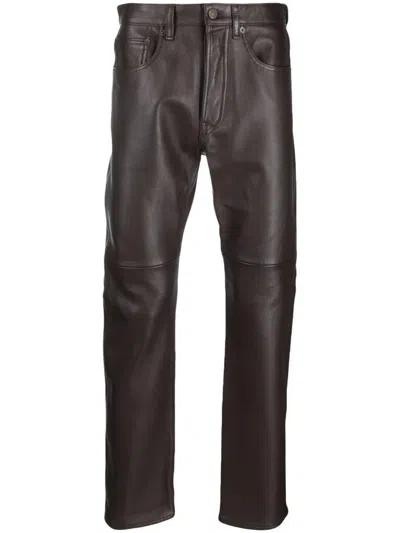 Honey Fucking Dijon Logo-patch Leather Straight Trousers In Brown