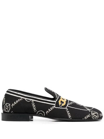 Marni All-over Logo-jacquard Loafers In Black