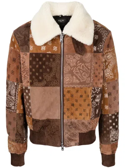 Amiri Bandana-print Patchwork Leather Jacket In Brown