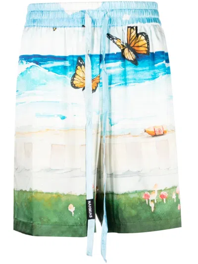 Nahmias Blue Butterfly Beach Print Silk Shorts