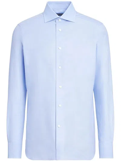 Zegna Button-down Long-sleeved Shirt In Blue