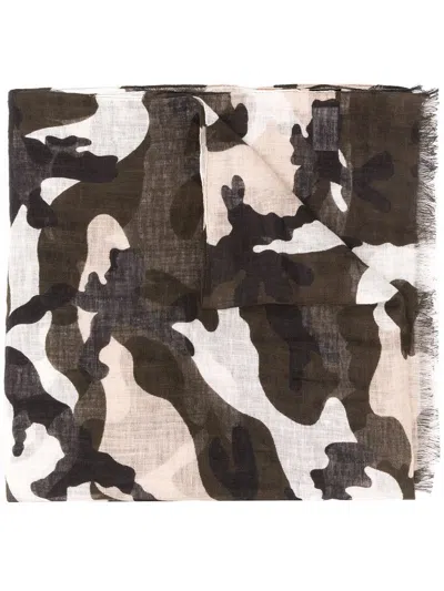 Valentino Camouflage Print Frayed Scarf In Brown