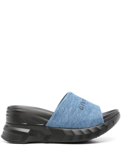 Givenchy Marshmallow Denim Logo Wedge Slide Sandals In Blue,black
