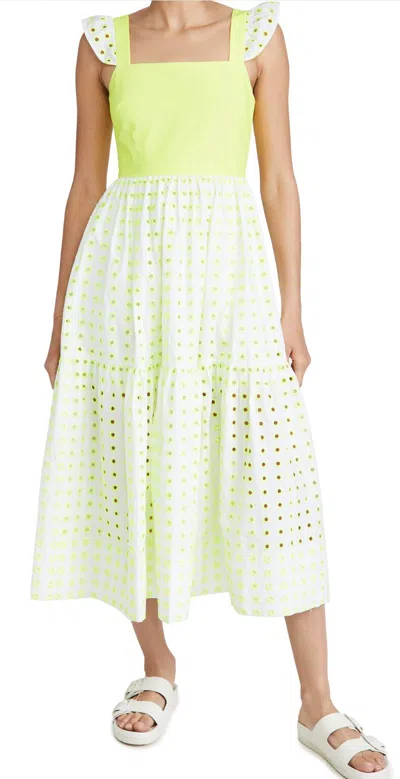 Tanya Taylor Alilah Dress In White/neon Yellow Embroidered In Multi