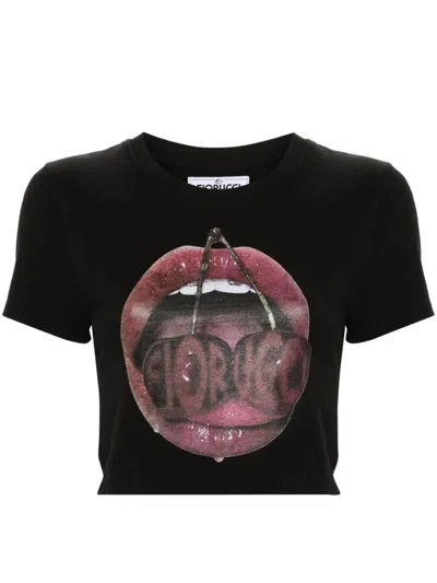 Fiorucci Graphic-print Cropped T-shirt In Black  