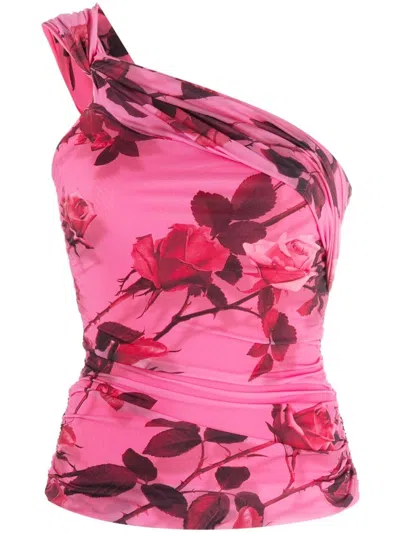 Blumarine Rose Printed Jersey One Shoulder Top In Pink