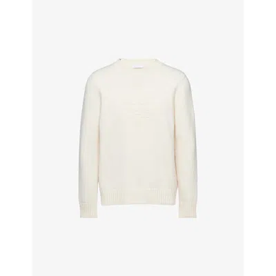 Prada Mens White Brand-embroidered Crewneck Wool And Cashmere-blend Jumper