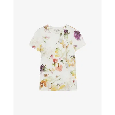 Ted Baker Womens White Treyya Floral-print Short-sleeve Stretch-woven T-shirt
