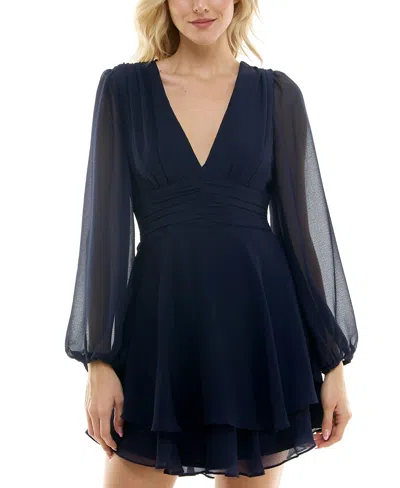 B Darlin Juniors' Flutter-sleeve V-neck Layered Dress In Navy