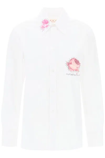 Marni "shirt With Flower Print Patch And Embroidered Logo In White