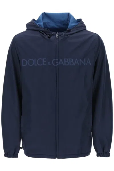 Dolce & Gabbana Logo-print Hooded Reversible Shell Jacket In Blu