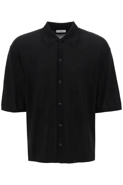 Lemaire Short Sleeve Cotton Knit Button-up Shirt In Nero