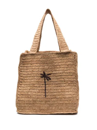 Manebi Manebí Woven Straw Shopping Bag With Palm Embroidery In Brown