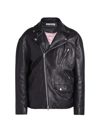 Acne Studios Mens Black Biker Brand-embossed Boxy-fit Leather Jacket