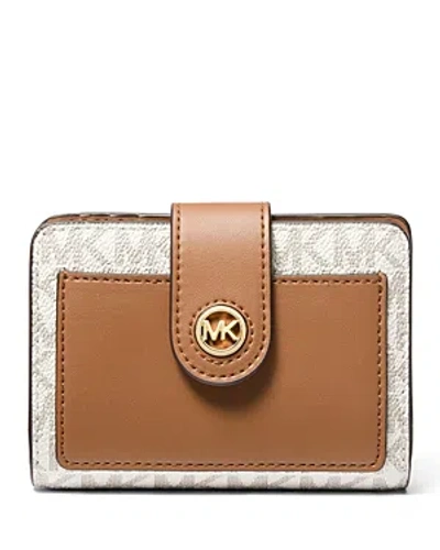 Michael Kors Michael  Charm Small Tab Compact Pocket Wallet In Vanilla/acorn