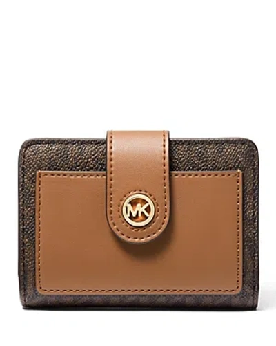 Michael Kors Michael  Charm Small Tab Compact Pocket Wallet In Brown/acorn