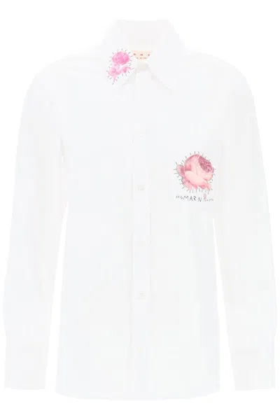 Marni "shirt With Flower Print Patch And Embroidered Logo In 白色的