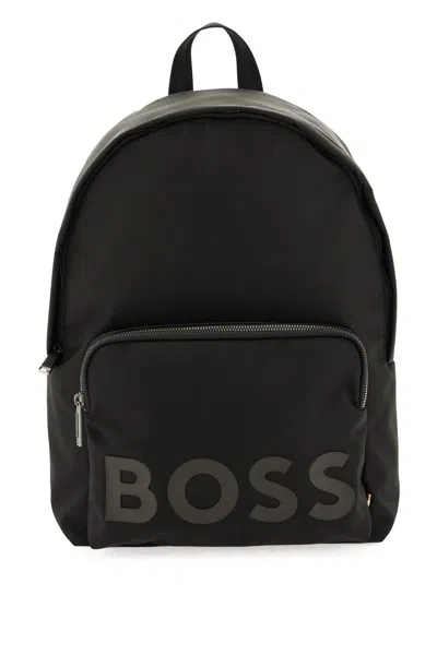 Hugo Boss Boss Recycled Fabric Backpack With Rubber Logo In 黑色的