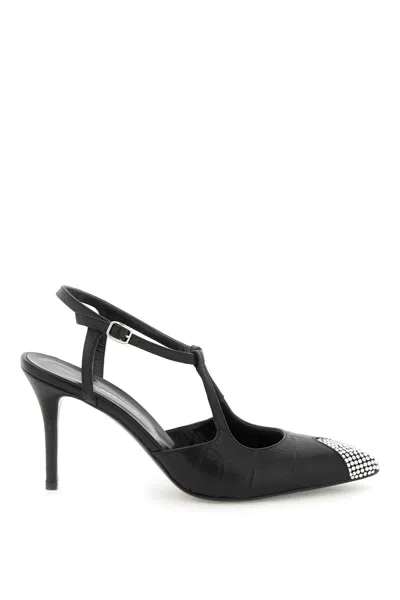 Alessandra Rich Leather Slingback Pumps With Crystal Point In 黑色的