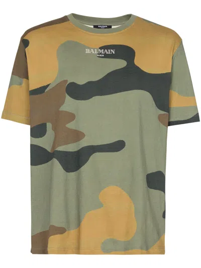 Balmain T-shirt Con Stampa Camouflage In Green