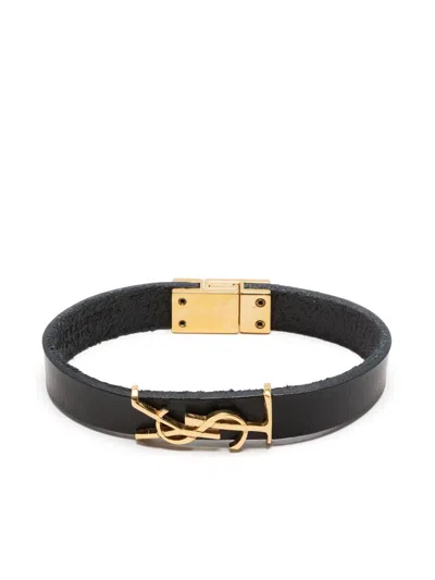 Saint Laurent Opyum Leather And Gold-tone Bracelet In Black